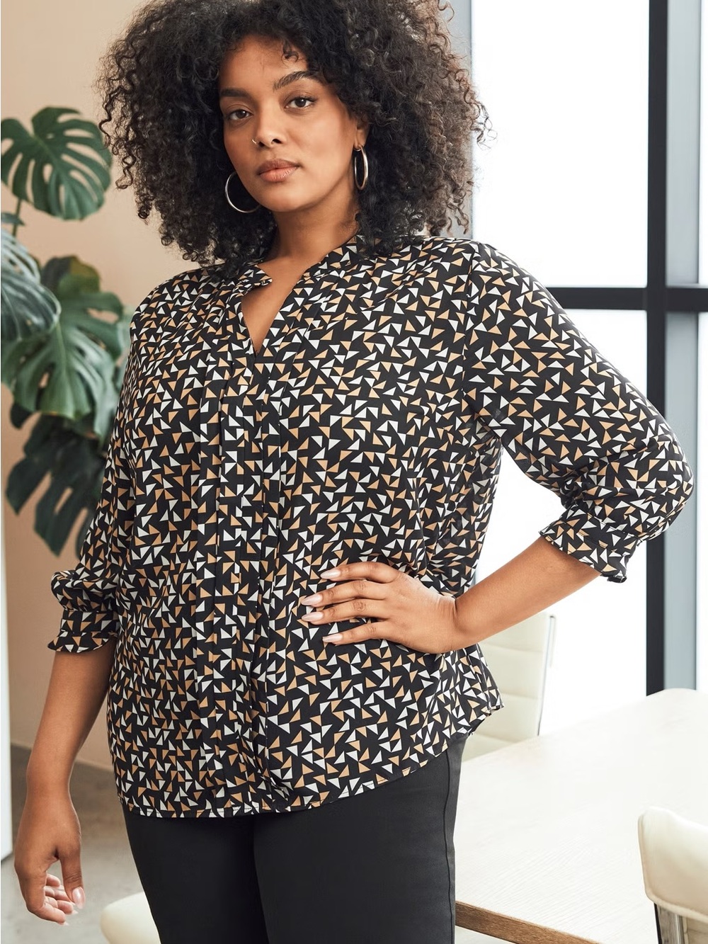 Avenue Plus Size Black and Brown Geometric Triangle Button-Front Shirt
